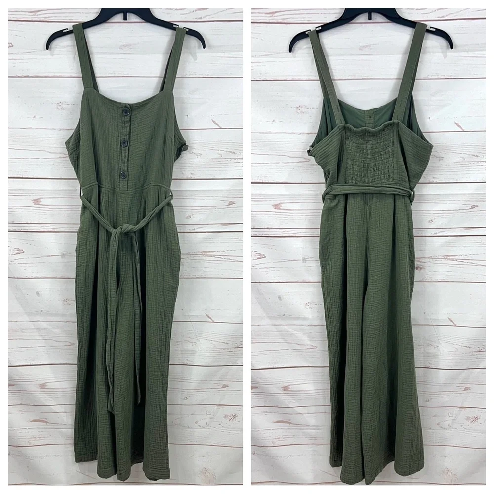 Rachel Zoe Olive Green Gauzy Crepe Cotton Wide Leg Crop Jumpsuit Pockets